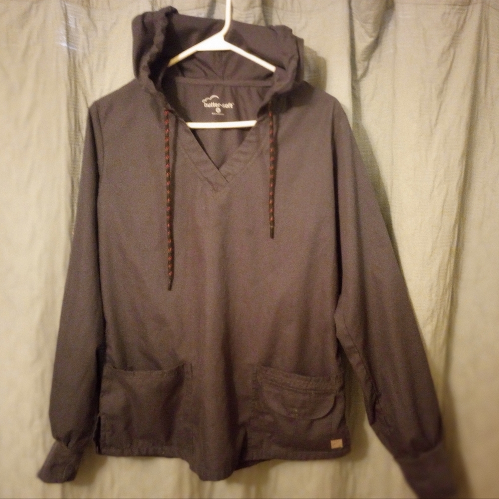 Buttersoft Scrubs jacket Top hooded pockets pullover NEW sz S  pewter gray